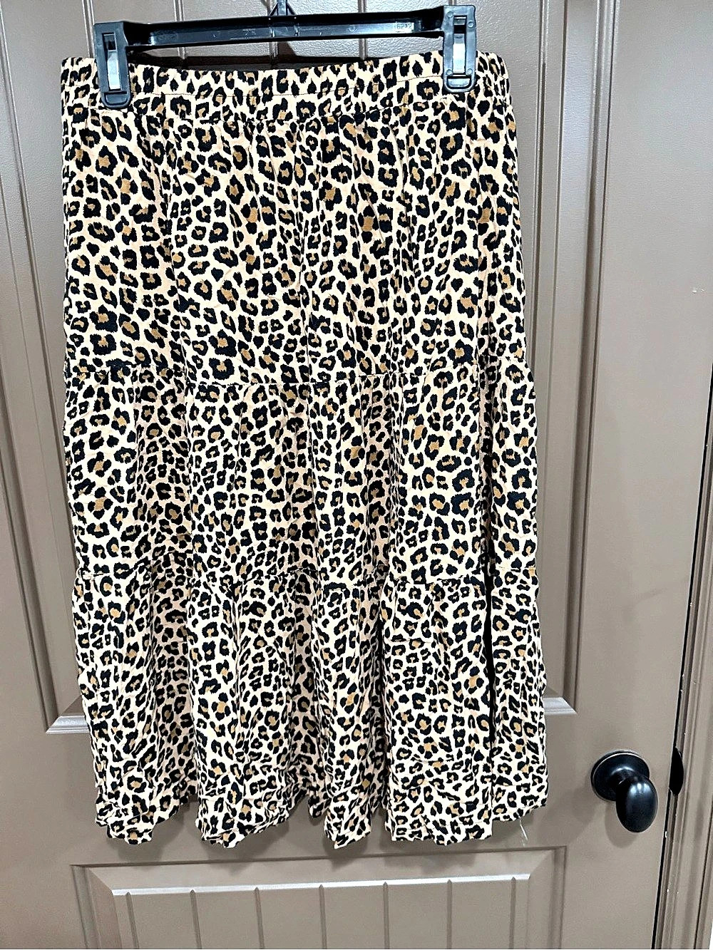 MEROKEETY Boho Leopard Print Tiered Midi Skirt Brown & Black Large